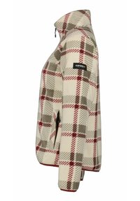 Fleecejacke in Creme mit einem rot-grauen Karomuster. Sie verfügt über einen hohen Kragen, Reißverschlusstaschen und ein Logo-Patch am Ärmel.