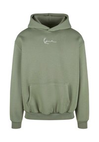 Olive green hoodie with a kangaroo pocket, ribbed cuffs, and hem. Features a white signature logo on the chest, made from soft fabric.