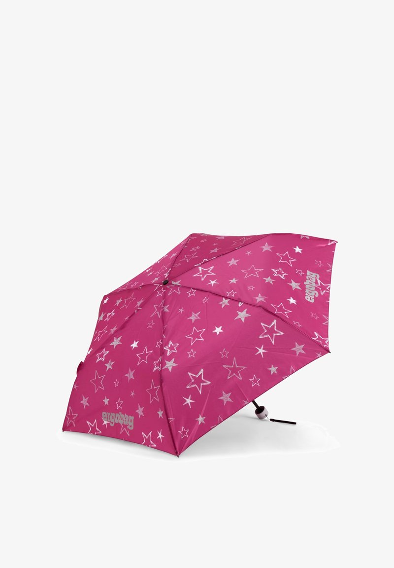 Pink umbrella featuring silver star patterns, with a round knob and a black cord for easy handling. Lightweight fabric and sturdy frame.