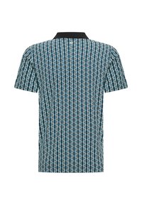 Pánská polokošile s krátkým rukávem, která má geometrický vzor v modré a krémové barvě, s černým límečkem a lehkým, texturovaným materiálem.