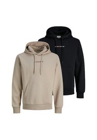 Two Jack & Jones hoodies, one beige and one black, both with front pockets, drawstrings, and small logo text on the chest.