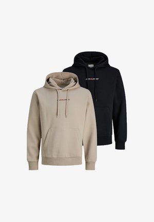Zwei Jack & Jones Kapuzenpullover, einer beige und einer schwarz, beide mit Fronttaschen, Kordeln und kleinem Logotext auf der Brust.