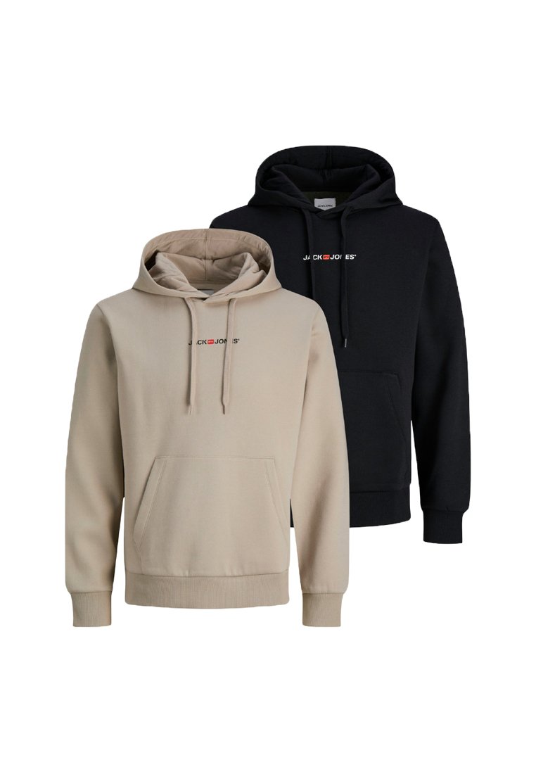 Two Jack & Jones hoodies, one beige and one black, both with front pockets, drawstrings, and small logo text on the chest.