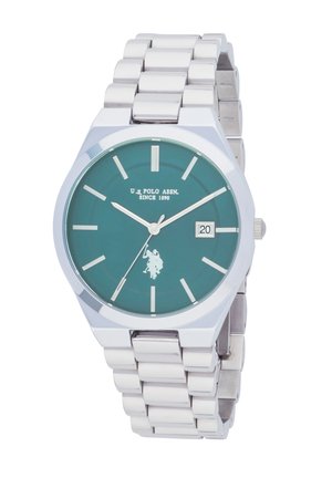 Orologio bracciale in metallo argentato con quadrante verde, indicatori delle ore bianchi, data alle 3 e logo e testo U.S. Polo Assn. sul quadrante.