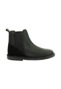 Stivale ankle nero con tomaia in pelle liscia, pannelli laterali elasticizzati e suola in gomma piatta, dotato di un passante per facilitare l'indossamento.