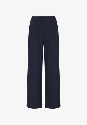 Pantalon large bleu marine en tissu lisse, avec un devant plat, des plis et une ceinture élastique pour plus de confort.