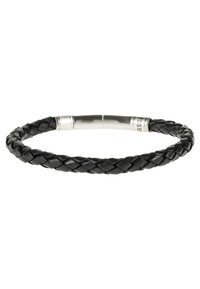 Black leather bracelet featuring a braided design, with two silver-tone metal accents at the closure for added detail.