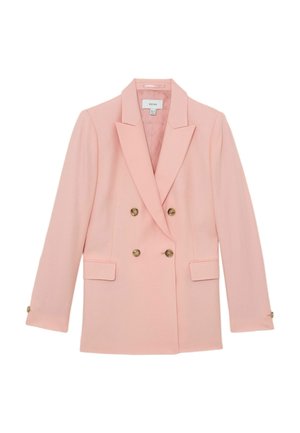 Gaiši rozā dubultpogātas žakete ar platām atloku malas, četriem zelta pogām priekšpusē, divām kabatām ar atlokiem un garām piedurknēm uz balta fona.