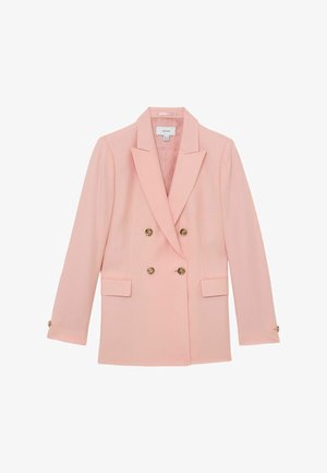 Šviesiai rožinis dvigubo skeltuko švarkas su plačiomis atlapomis, keturiais auksiniais mygtukais priekyje, dviem kišenėmis su atvartais ir ilgomis rankovėmis ant baltos fono.