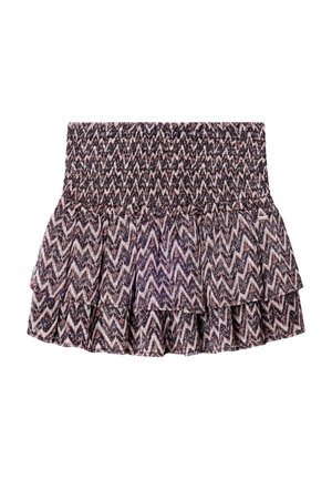 Jupe courte multicolore à motif zigzag avec taille élastiquée smockée et ourlet à volants superposés.