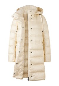 Kremowy, długi płaszcz puchowy z kapturem, zapinany na zamek z przodu i zatrzaski, przeznaczony na chłodne warunki pogodowe.