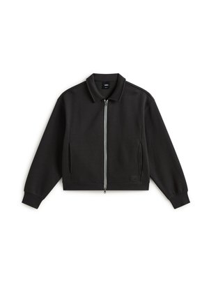 Black zip-up jacket with collar, long sleeves, side pockets, and ribbed cuffs, laid flat on a white background.