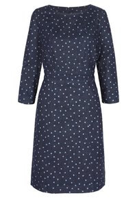 Dunkelblaues Jeanskleid mit langen Ärmeln, das über hellblaue gepunktete Muster, eine taillierte Taille und einen runden Halsausschnitt verfügt. Strukturierter Stoff mit dezentem Glanz.