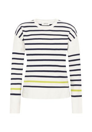Pull à manches longues à col rond blanc avec des rayures bleu marine et vert citron. Confectionné en tissu doux, présentant une coupe décontractée et des poignets côtelés.