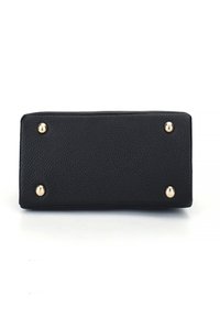 Black textured leather purse with a rectangular shape, four gold-colored studs on the bottom, and a smooth finish.