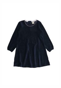 Navy-blaue Langarmkleid aus weichem Velourstoff, mit Rundhalsausschnitt und Knopfverschluss hinten sowie kontrastierenden Besätzen.