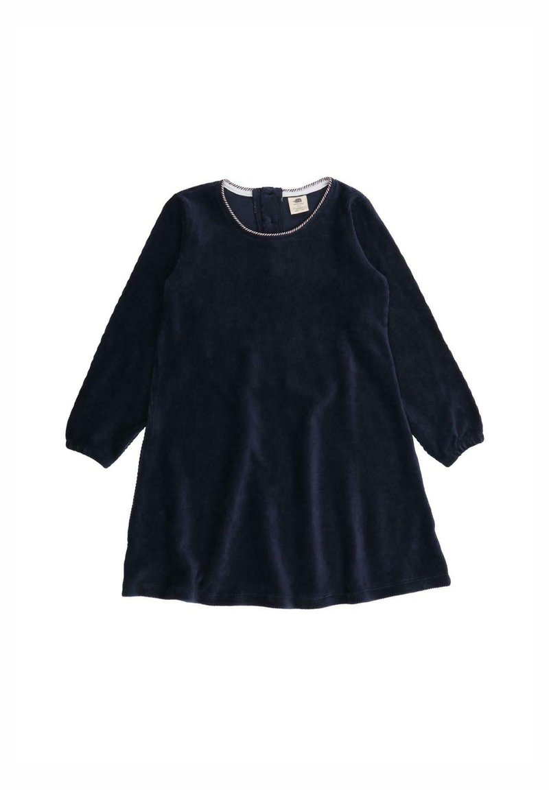 Navy-blaue Langarmkleid aus weichem Velourstoff, mit Rundhalsausschnitt und Knopfverschluss hinten sowie kontrastierenden Besätzen.