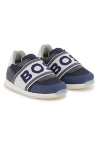 Navy and gray athletic shoes with a breathable mesh upper, elastic strap featuring "BOSS," and a white rubber sole.
