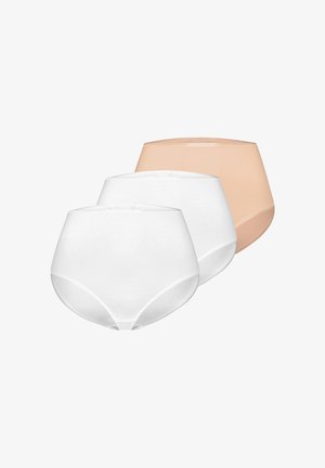 Trois culottes taille haute pour femmes en blanc et beige, affichées en chevauchement sur un fond blanc uni.