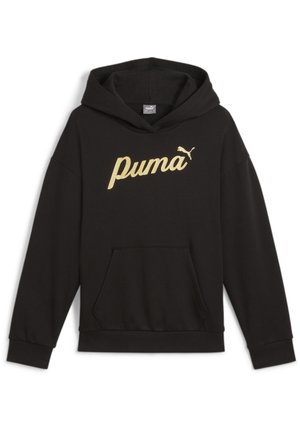 Sort hættetrøje med gyldent "puma"-logo og puma katte-symbol på brystet, med en forreste kængurulomme og ribbet kant ved ærmerne.