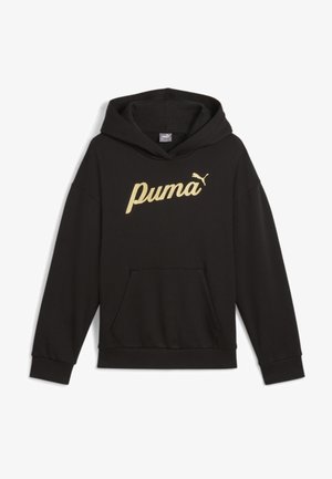 Sort hættetrøje med gyldent "puma"-logo og puma katte-symbol på brystet, med en forreste kængurulomme og ribbet kant ved ærmerne.