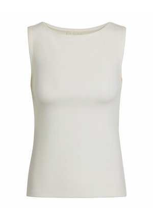 Mouwloze witte top van zachte stof, met een ronde hals en een aansluitende pasvorm. Geen zichtbare patronen of hardwaredetails.