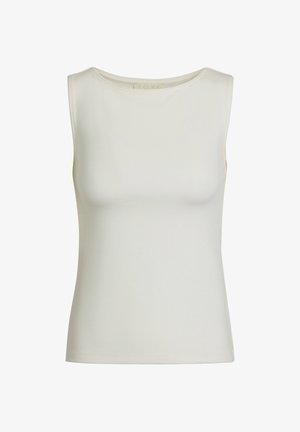 Mouwloze witte top van zachte stof, met een ronde hals en een aansluitende pasvorm. Geen zichtbare patronen of hardwaredetails.