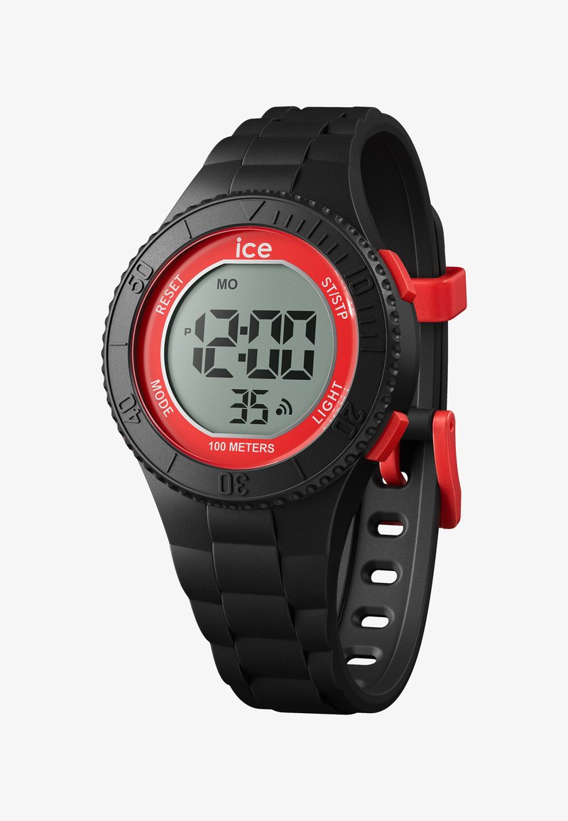 Reloj digital con una correa de silicona negra, caja redonda negra, acentos rojos y un dial rojo que muestra la hora y la fecha. Resistente al agua hasta 100 metros.