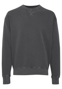 Sweatshirt crewneck gris foncé en mélange de coton, avec des poignets et un ourlet côtelés, un fini texturé et des détails de couture subtils.