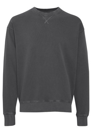 Felpa girocollo grigia scura realizzata in cotone misto, con polsini e orlo ribattuti, dotata di una finitura texture e dettagli di cucitura sottili.