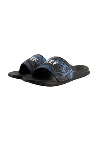 Black slide sandals with a textured surface, featuring blue abstract patterns and white text. Open-toe design with a flexible sole.