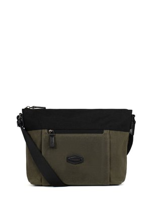 Borsa a tracolla rettangolare verde oliva e nera con tasca frontale con cerniera, tracolla nera regolabile e piccola toppa in pelle con logo.