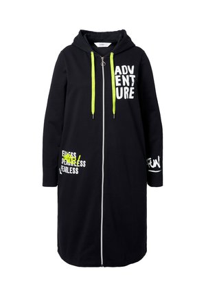 Black hooded long zip-up jacket with neon yellow drawstrings, white and yellow text prints reading "ADVENTURE", "FEARLESS", and "FUN".
