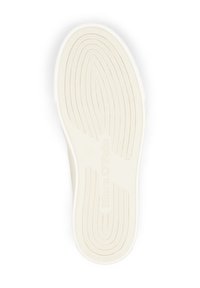 White rubber shoe sole with a textured wavy pattern, featuring a logo inscription and clean edges, designed for traction and durability.