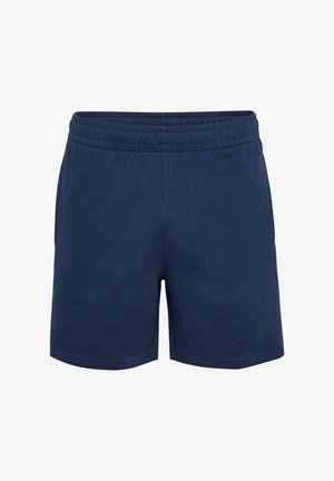 Marineblauwe sportshorts van zachte stof, met een elastische tailleband en een eenvoudig ontwerp, geschikt voor casual dragen of workouts.
