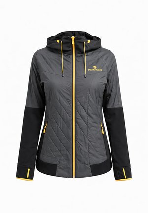 Giacca con cappuccio da donna grigio scuro e nero con cerniere, coulisse e logo gialli sul petto sinistro, con parte anteriore trapuntata e polsini con foro per il pollice.