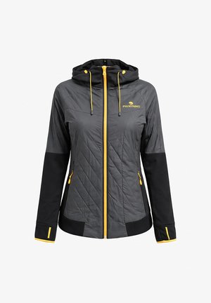 Giacca con cappuccio da donna grigio scuro e nero con cerniere, coulisse e logo gialli sul petto sinistro, con parte anteriore trapuntata e polsini con foro per il pollice.