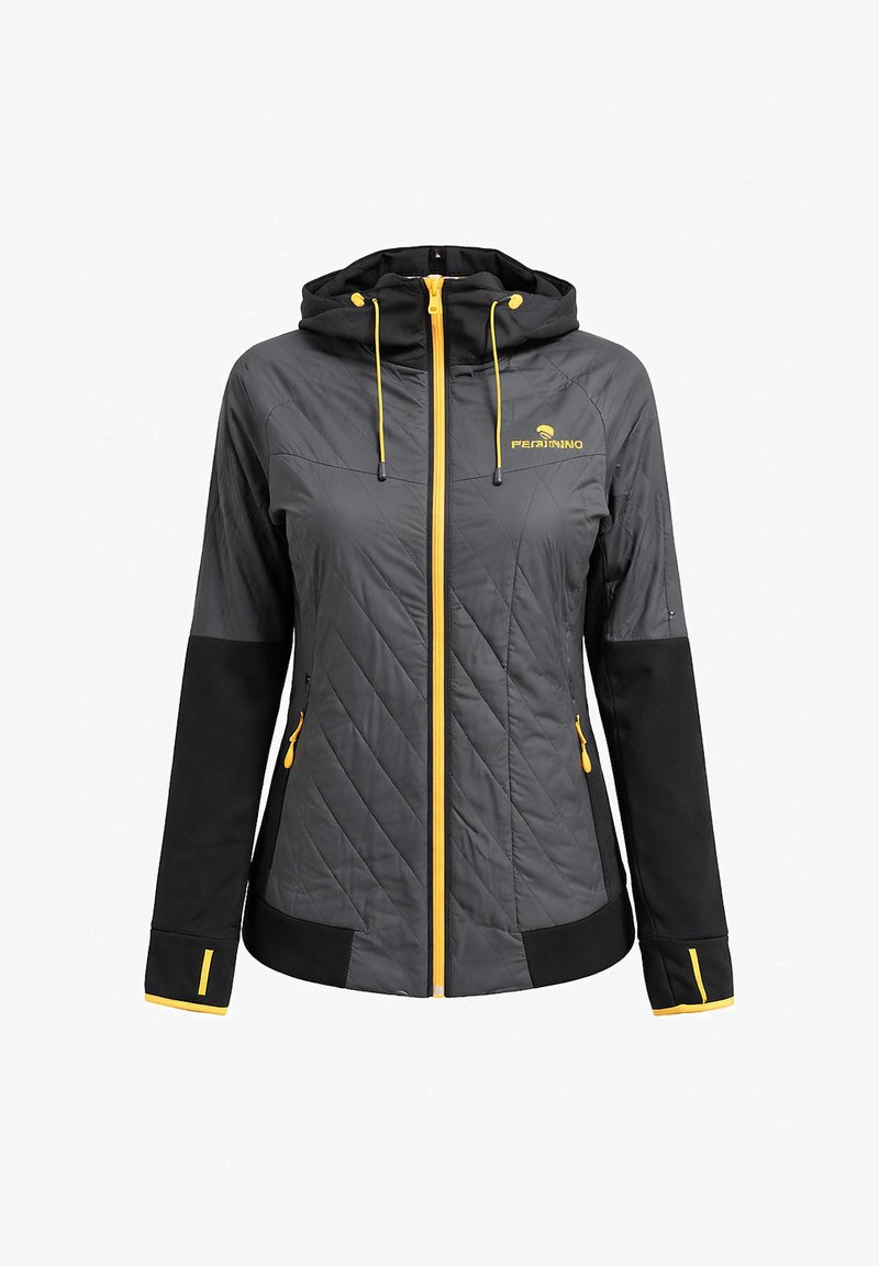 Veste à capuche pour femme en gris foncé et noir avec des fermetures éclair jaunes, des cordons et un logo sur le côté gauche de la poitrine, dotée d'un devant matelassé et de poignets avec ouverture pour le pouce.