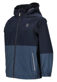 Veste imperméable bleu marine et bleu clair avec capuche, fermeture éclair sur le devant, poignets élastiques, deux poches latérales et un petit logo sur la poitrine.