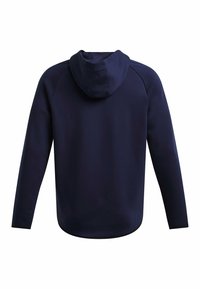 Marineblaues Hoodie aus strukturiertem Stoff, mit Kapuze, langen Ärmeln und abgerundetem Saum. Keine sichtbaren Logos oder Muster.