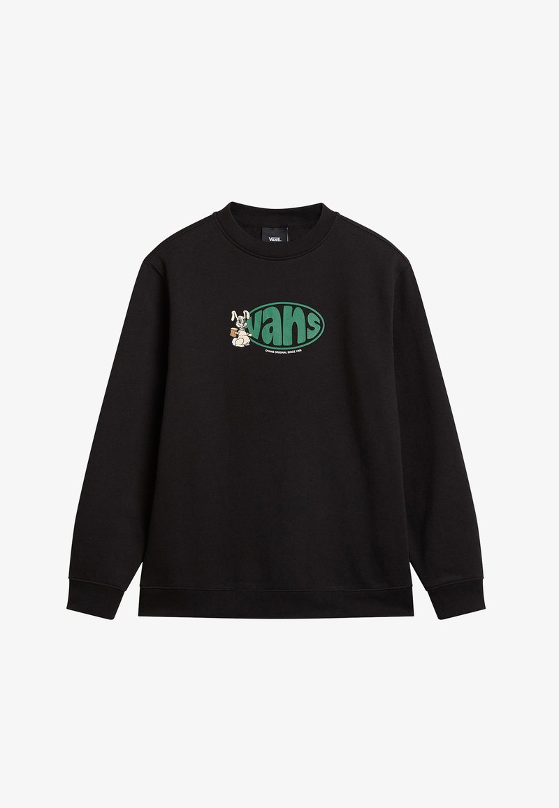 Zwarte sweatshirt van katoen, met een ronde hals, lange mouwen en een vooraanstaand grafisch ontwerp van een konijn met de tekst "vans" in groen.