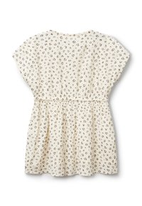 Vestido de manga corta en tela color beige claro con estampado de leopardo negro, cinturilla elástica y falda fruncida, con un escote redondeado.