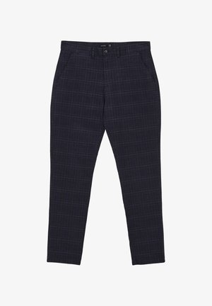 Marineblau karierten Hose mit Slim Fit, seitlichen Taschen, einem Knopfverschluss und einer glatten Stofftextur.