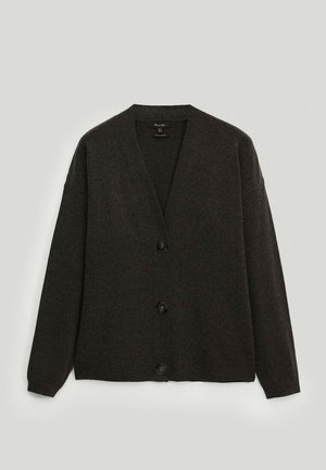 Dark gray cardigan made of soft fabric, featuring a V-neck, long sleeves, and four buttons down the front. Smooth texture with a relaxed fit.