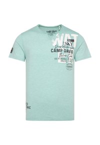 Camiseta de algodón verde menta, de mangas cortas y cuello redondo, con varios textos y gráficos impresos en blanco y negro.