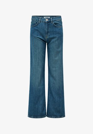 Blauwe, hooggetailleerde jeans met rechte pijpen, voorzakken, ceintuurlussen, knoopsluiting en een label met de tekst "Salsa Jeans" aan de binnenkant van de tailleband.