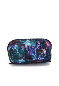 Pochette con stampa floreale nei toni del blu, viola e nero, con una texture di tessuto morbido e una chiusura lampo nella parte superiore.