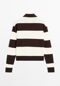 Brown and cream striped sweater with a collar, featuring long sleeves and a cropped design. Soft texture with even stripe patterns.