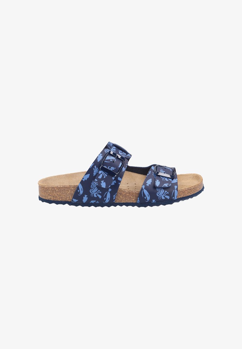 Infradito navy con motivi floreali blu, due cinghie regolabili, piede in sughero e suola in gomma testurizzata.