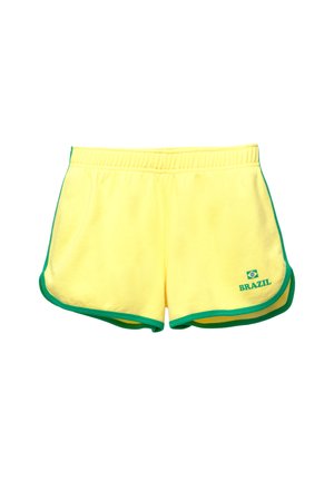Yellow athletic shorts with green trim, featuring a relaxed fit, elastic waistband, and "BRAZIL" printed on the left side.